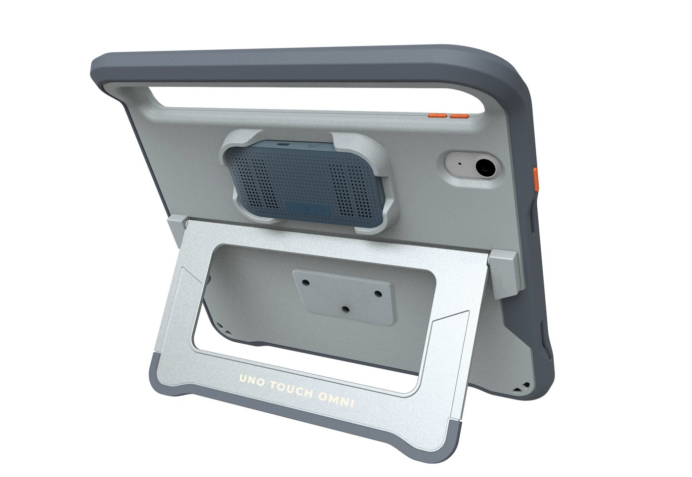 Rear three-quarter view of the Uno Touch OMNI with the aluminum stand opened