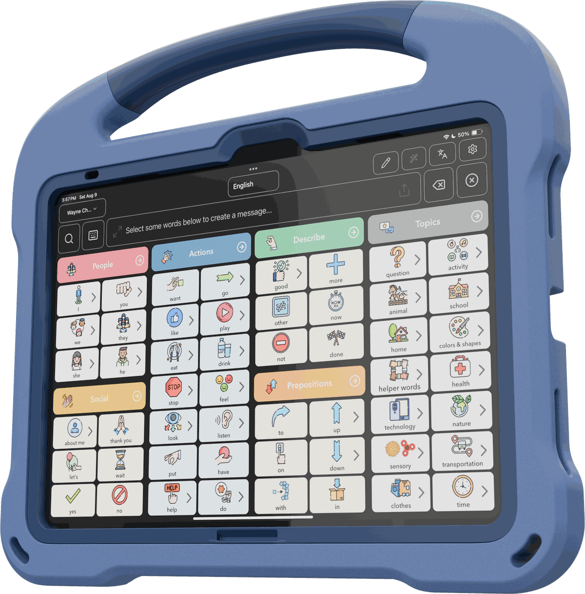 OMNI Active in dark blue, an EVA foam communication device with a molded carry handle and an AAC board on screen