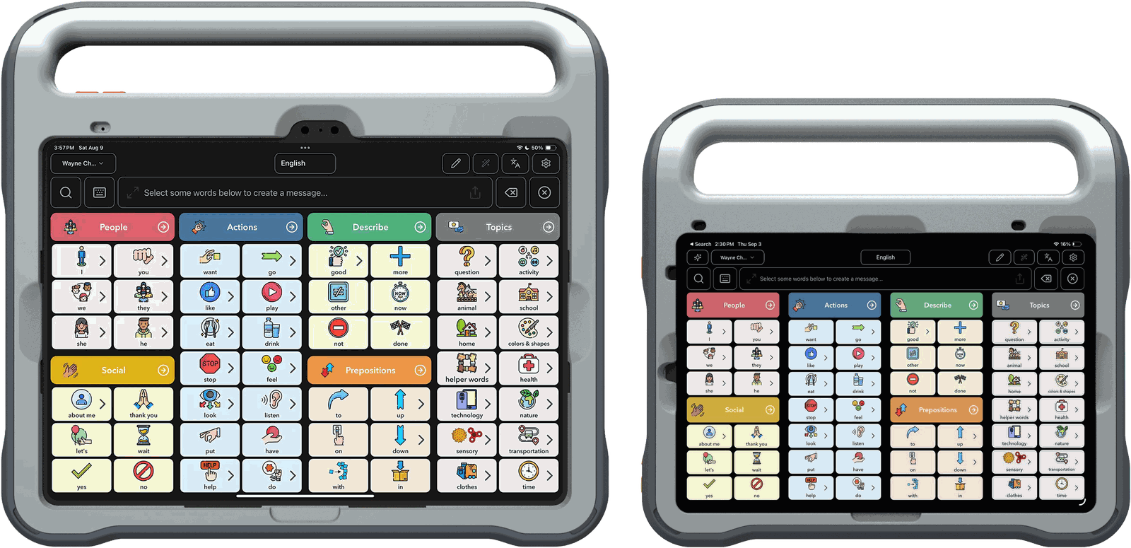 OMNI 10 and OMNI 8 side by side and shown to scale, both displaying a FlexSpeak communication board
