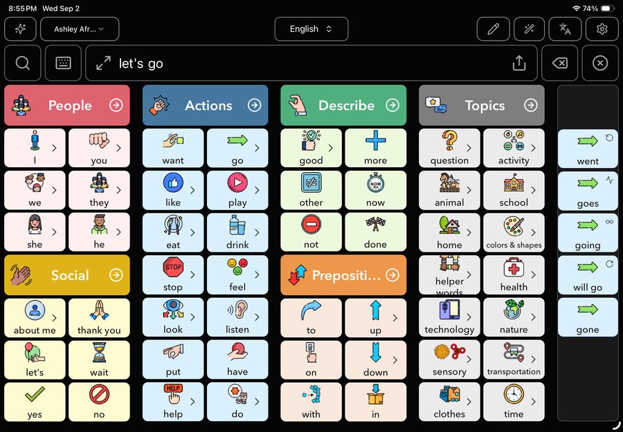 FlexSpeak symbol-based communication grid, with a column of verb conjugations shown alongside the core vocabulary
