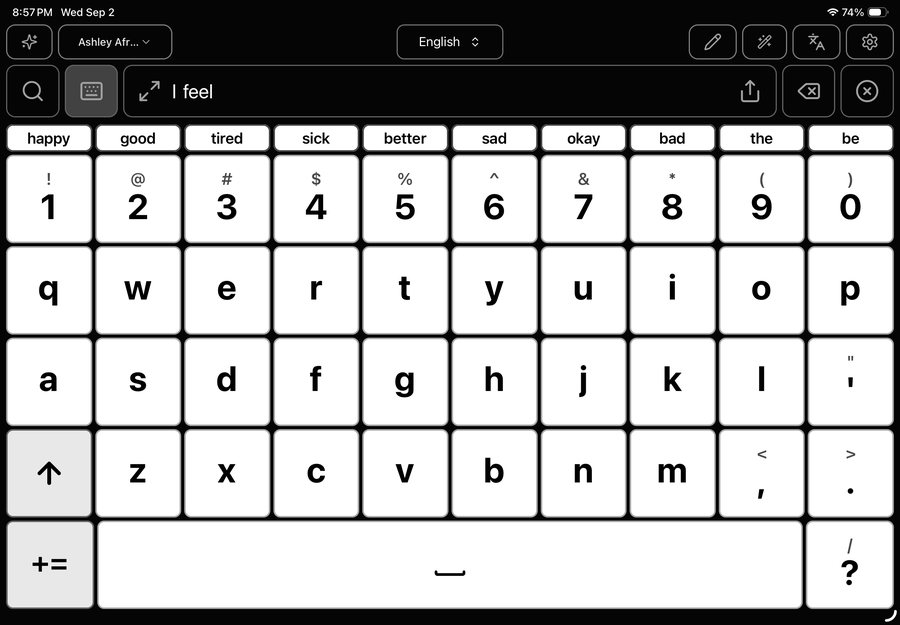 FlexSpeak QWERTY keyboard screen with a row of predicted words above the keys