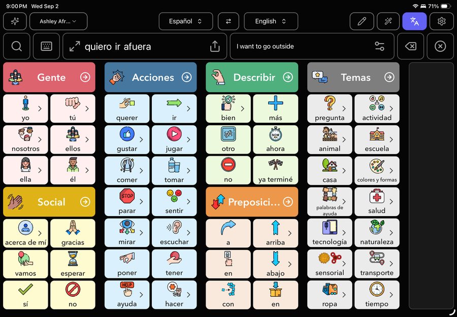 FlexSpeak translate mode, showing a Spanish vocabulary grid with the English translation of the composed message