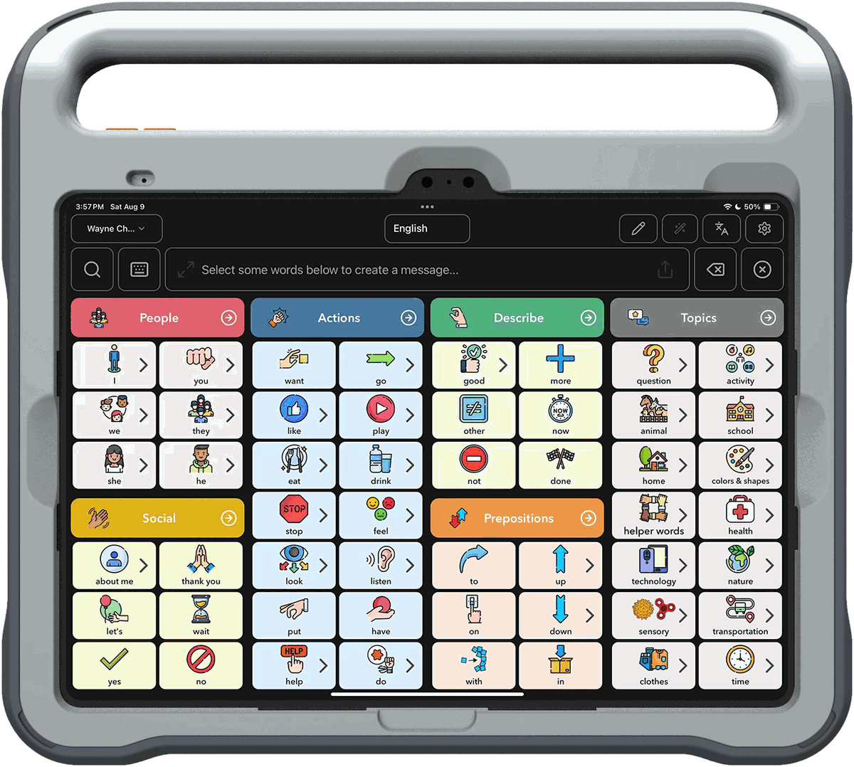 Uno Touch OMNI 10 shown front-on, displaying a FlexSpeak communication board