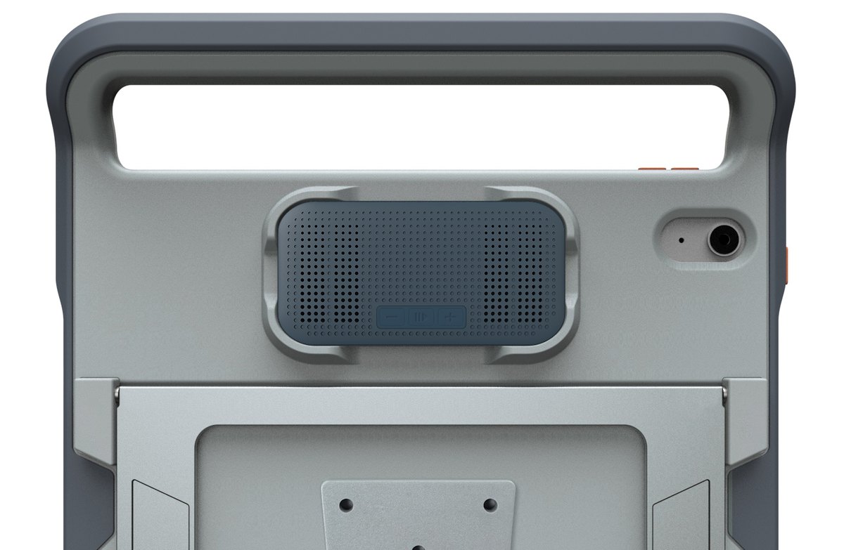 Close view of the integrated speaker seated in the Uno Touch OMNI case frame